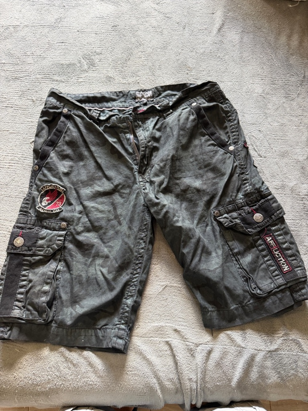 Affliction Men's black and grey camo Cargo Shorts with Patch Accents